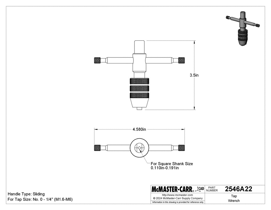 McMaster-Carr Tap Wrench with Sliding T-Handle 2-3/4″ Long 2546A22