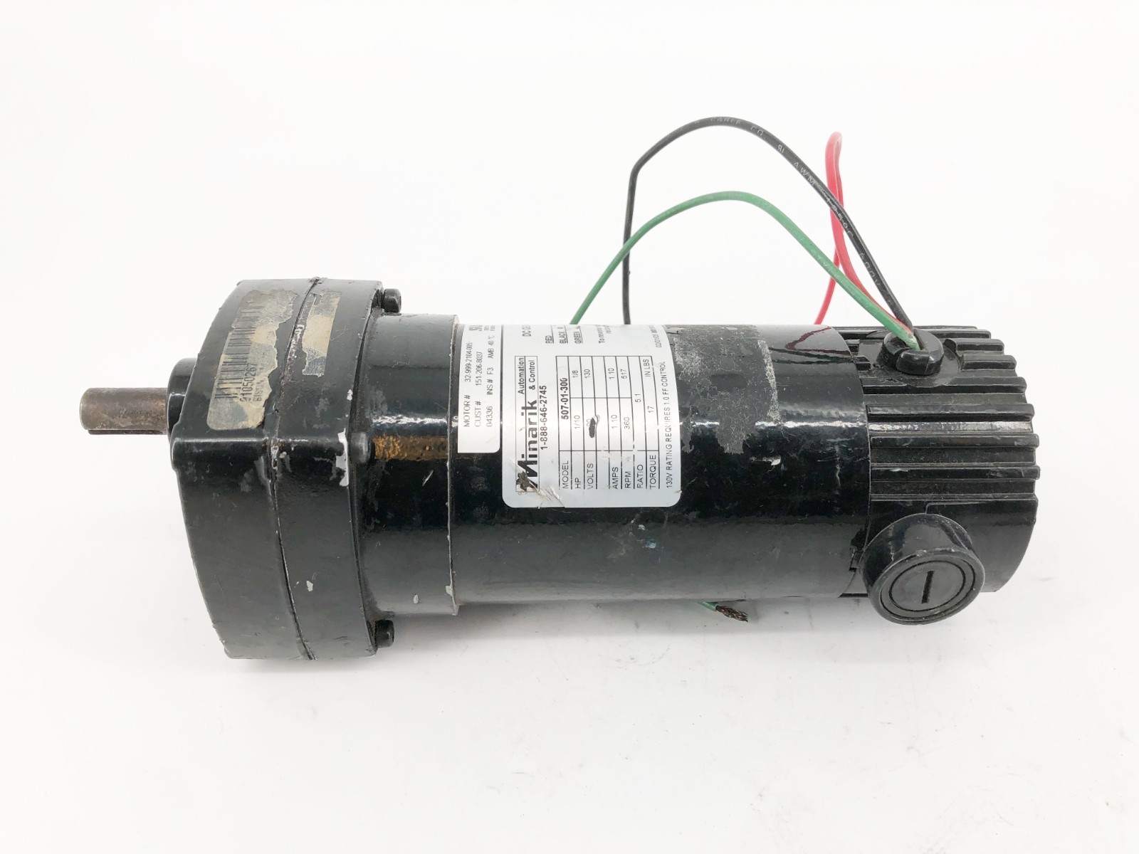 Minarik 507-01-300 DC Gearmotor 130V 1/8HP 1.10A 517rpm 5:1 – No Box