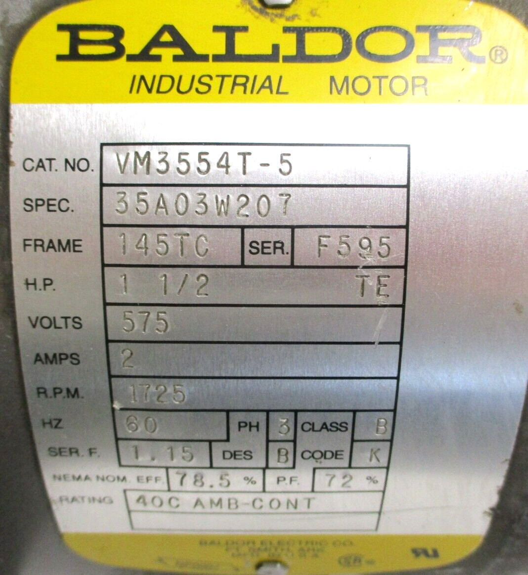 BALDOR ELECTRIC MOTOR , VM3554T-5 , 1.5 -HP , 1725-RPM , USED