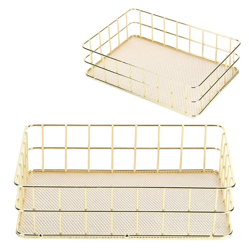 Tomotato Wire Mesh Storage Basket, Golden Metal Desk Large, Gold