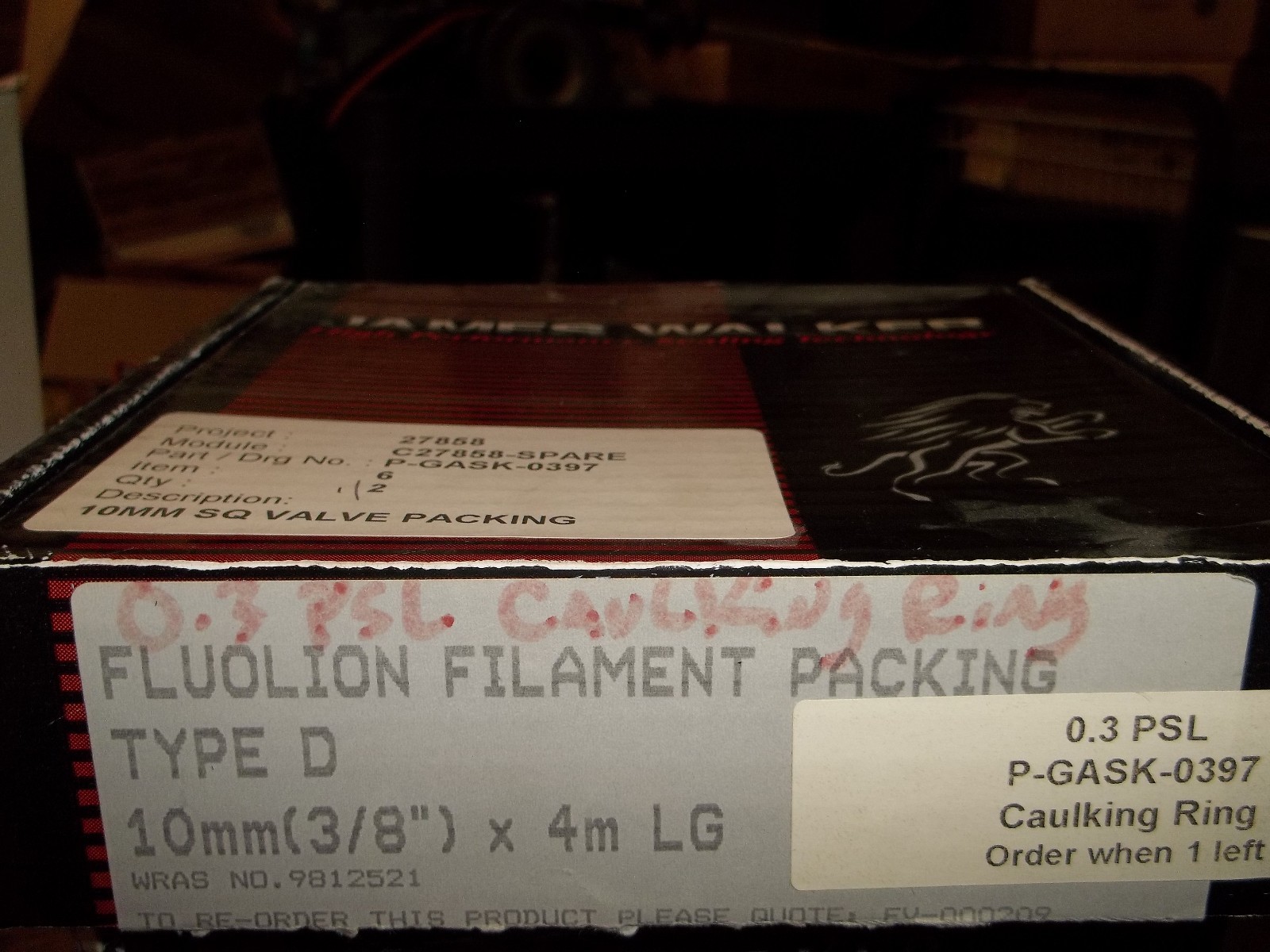 NIB JAMES WALKER TYPE D FLUOLION FILAMENT PACKING CAULKING RING 0.03 PSL (TT3)