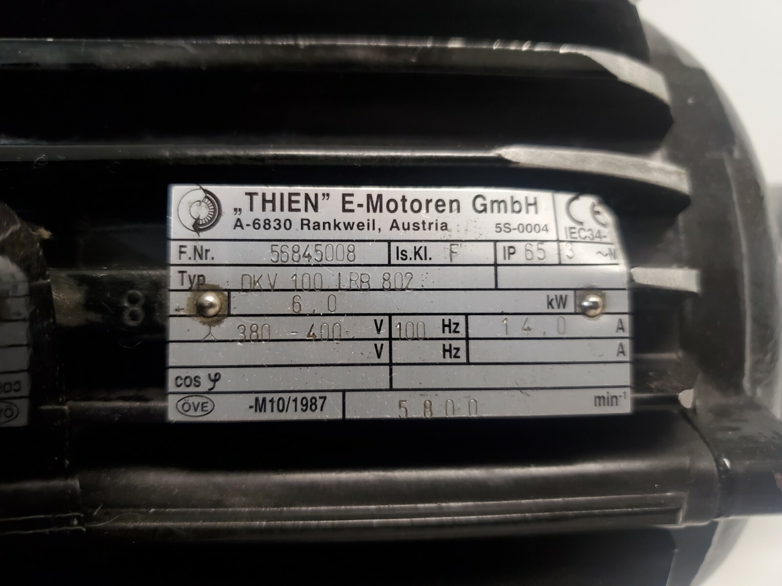 NEW UNUSED! THIEN E-MOTOREN 5800RPM 6KW ELECTRIC MOTOR 56845008 DKV-100 RB-802