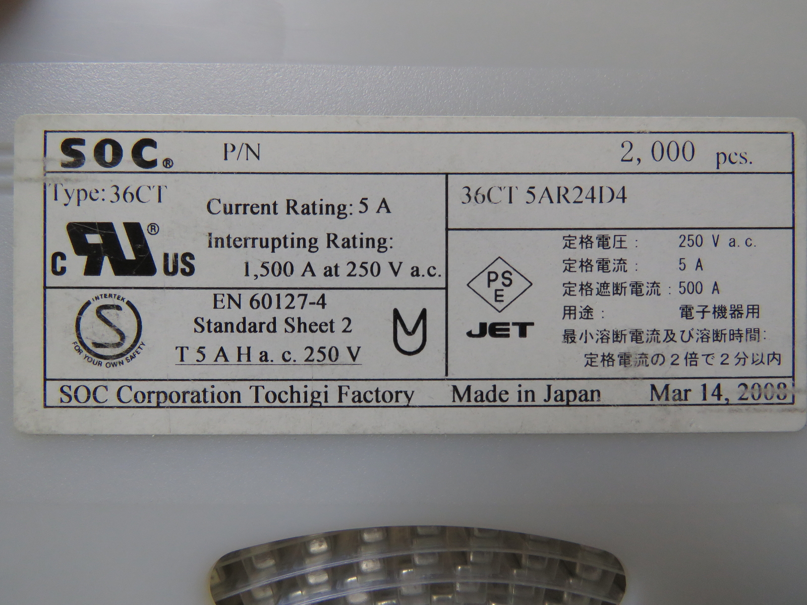 SOC 36CT5AR24D4 Qty of 5 per Lot Fuse R24D4_5A_250V_18.00_3.80