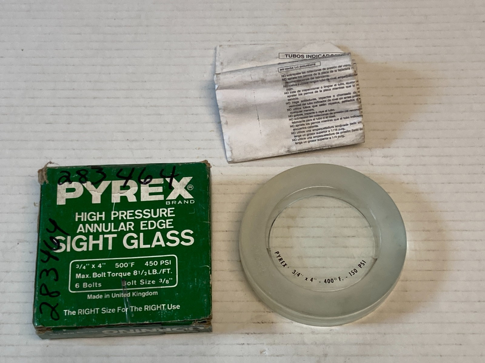 PYREX 3/4″ X 4″ SIGHT GLASS 500 Degrees Fahrenheit 450 PSI High Pressure