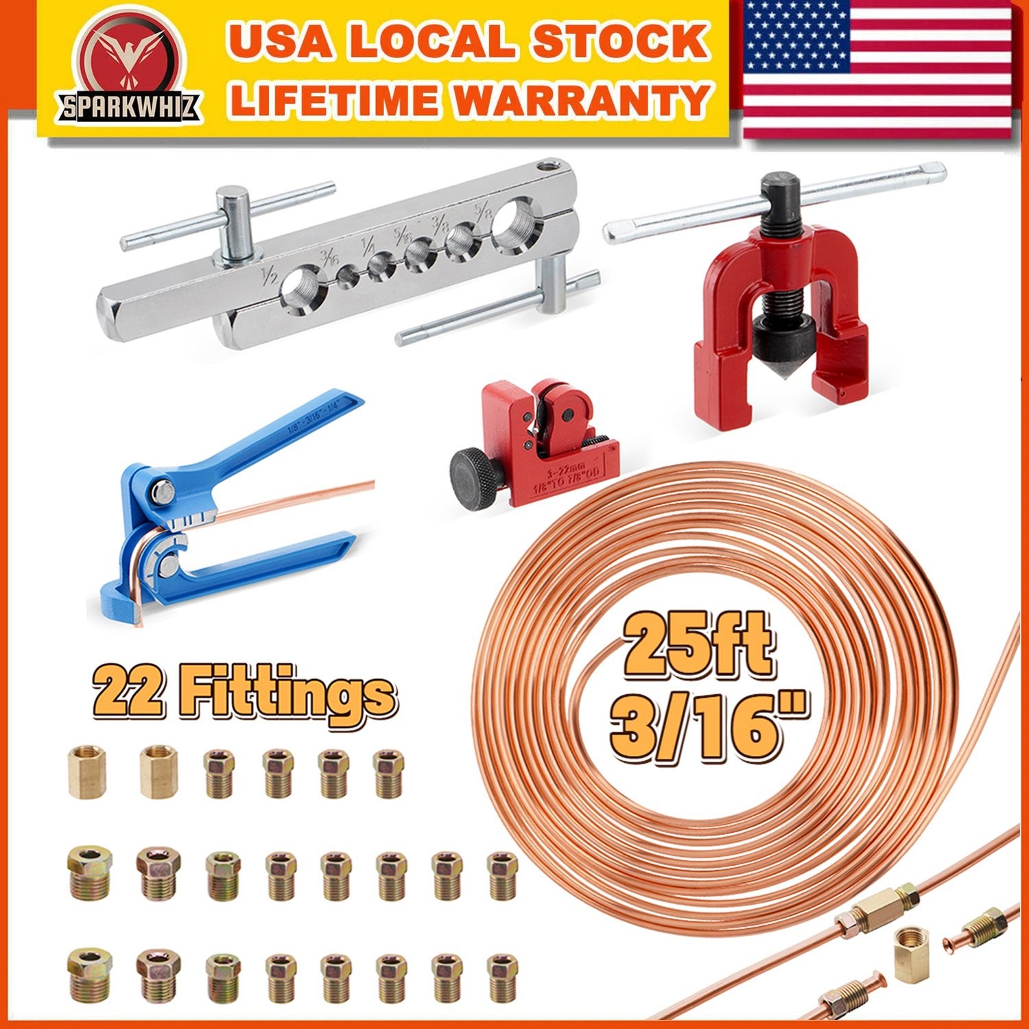 Set 25Ft 3/16″ Copper-Coated Brake Line Kit With 16 Fittings, 2 Union and 4 Nut