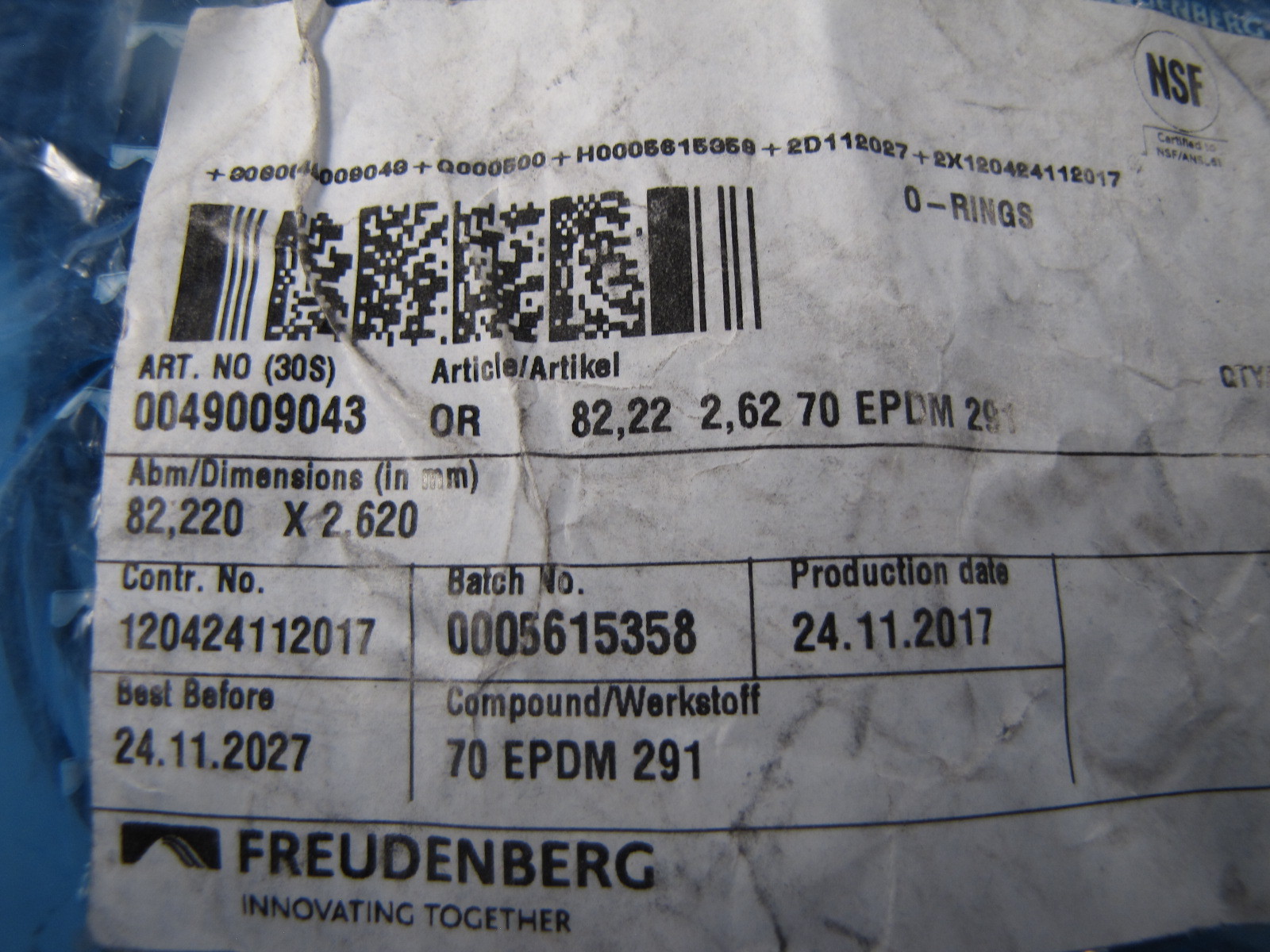 500-pcs Freudenberg 70 EPDM O-Rings 82.22mm x 2.620mm 0049009043 NEW