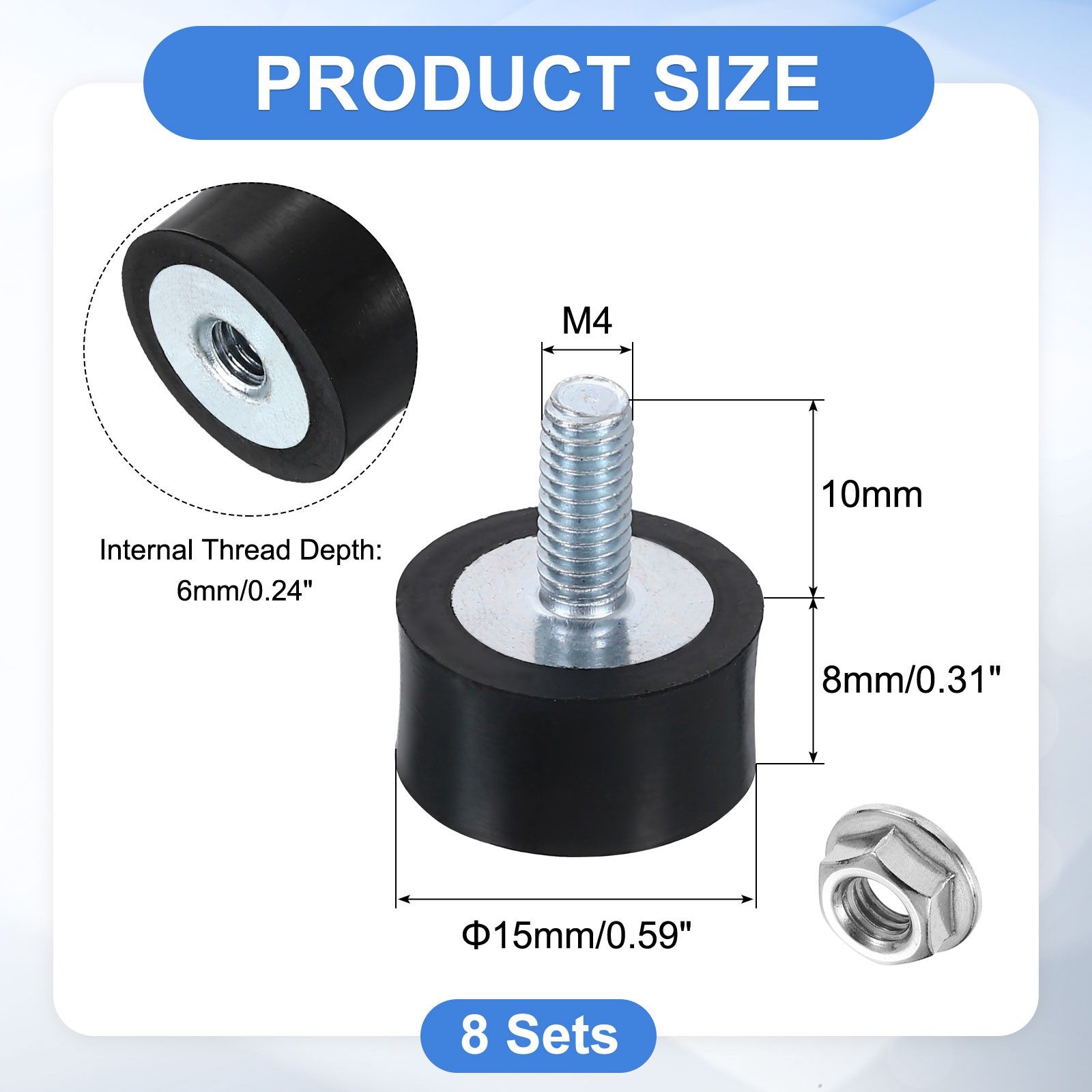 8Pcs M4x10mm Rubber Mounts, 15x8mm(DxH) Rubber Shock Absorber Mount with Nuts