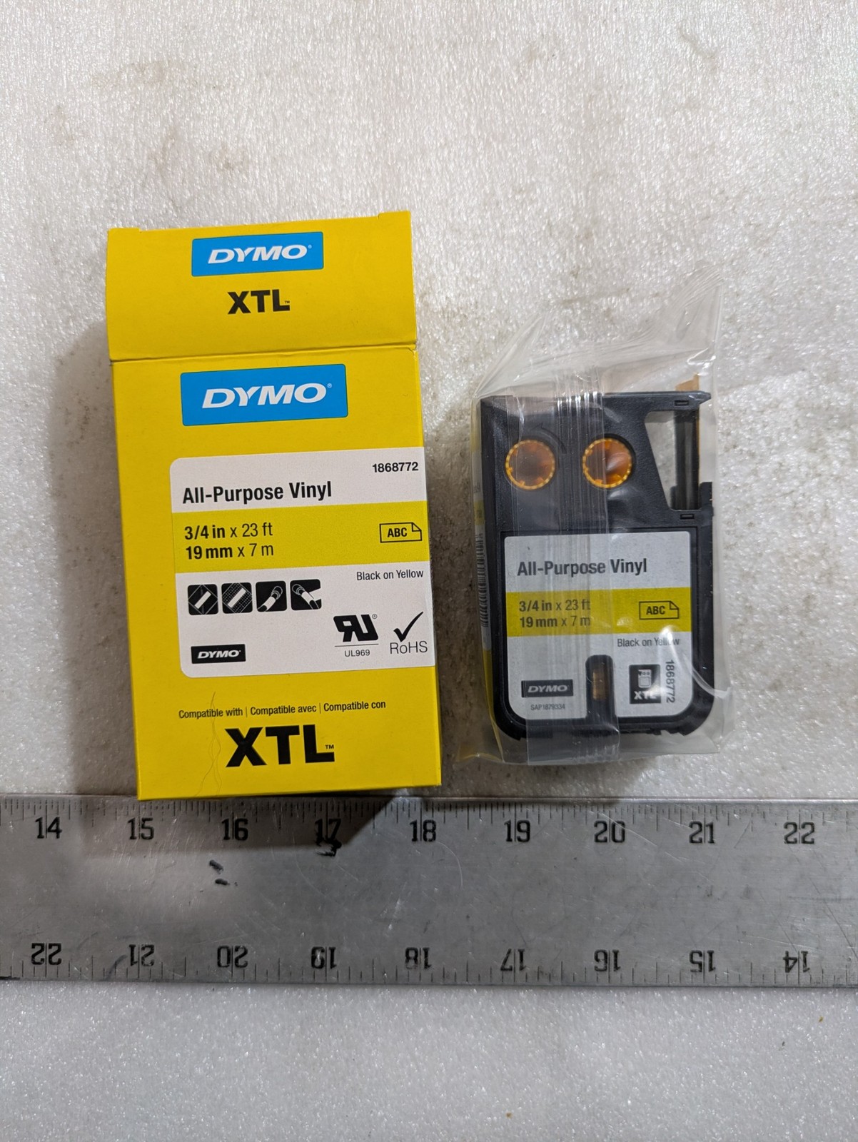 DYMO 1868772 All-Purpose Vinyl Label Tape 3/4in x 23ft Black on Yellow