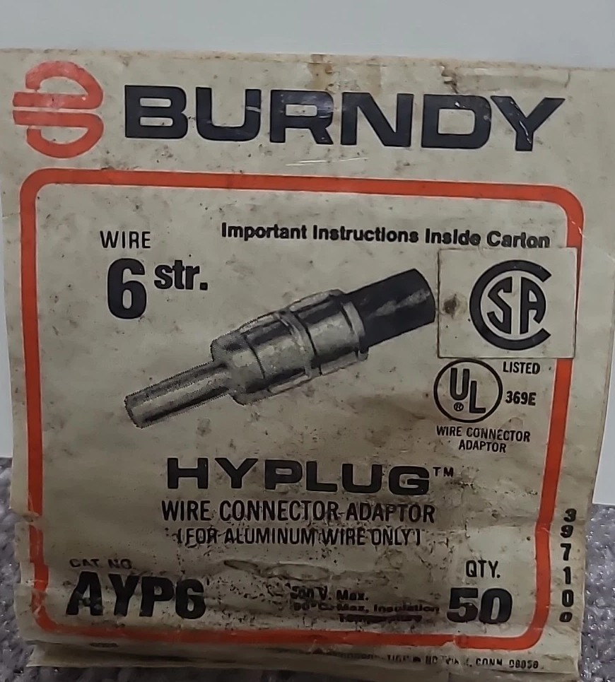 Burndy AYP6 HYPLUG  Alunimum Compression Adapters for #6 wire Lot of 2 Adapters
