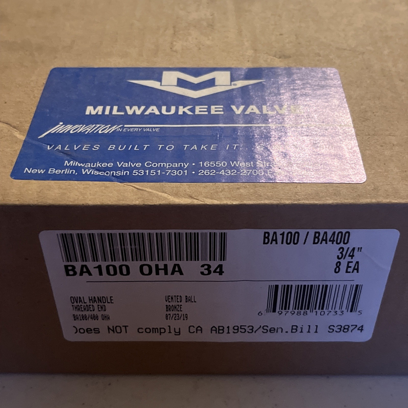 New Box Of 8 Milwaukee 3/4” Oval Handle Valves BA100OHA34