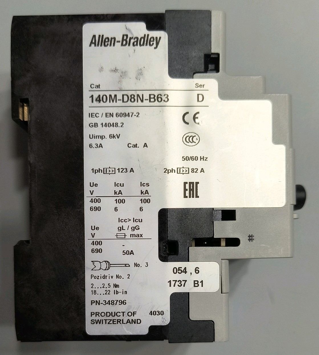 Allen-Bradley 140M-D8N-B63 Ser D, Motor Protector /Circuit Breaker, 6.3A, 480VAC