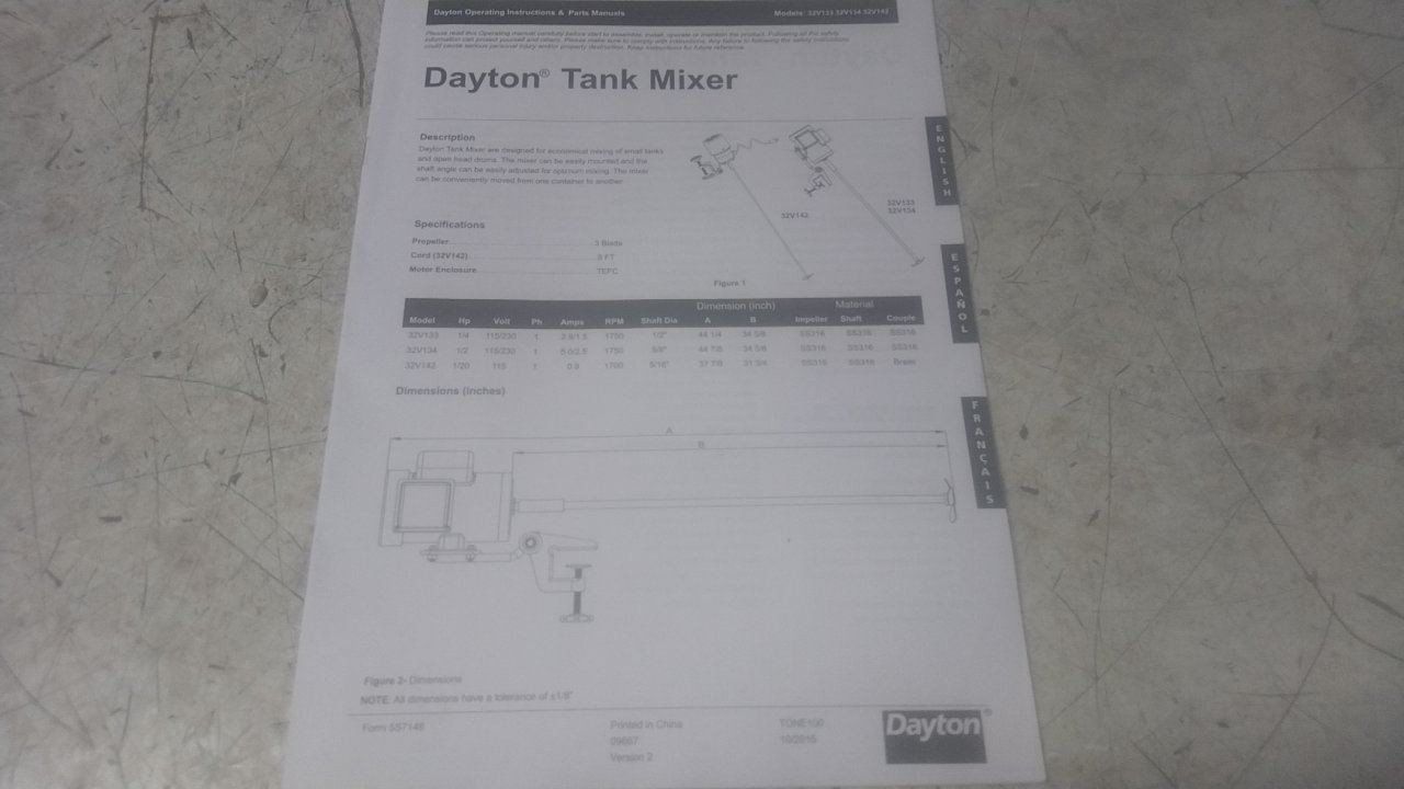 Dayton 32V134 1/2 HP 1750 Max RPM 115/230VAC 32 In Shaft L Open Drum Mixer