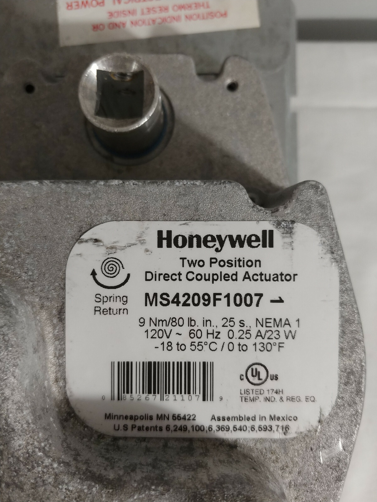 Honeywell MS4209F 1007 Two Position Direct Coupled Actuator 120vac 60hz 0.25a