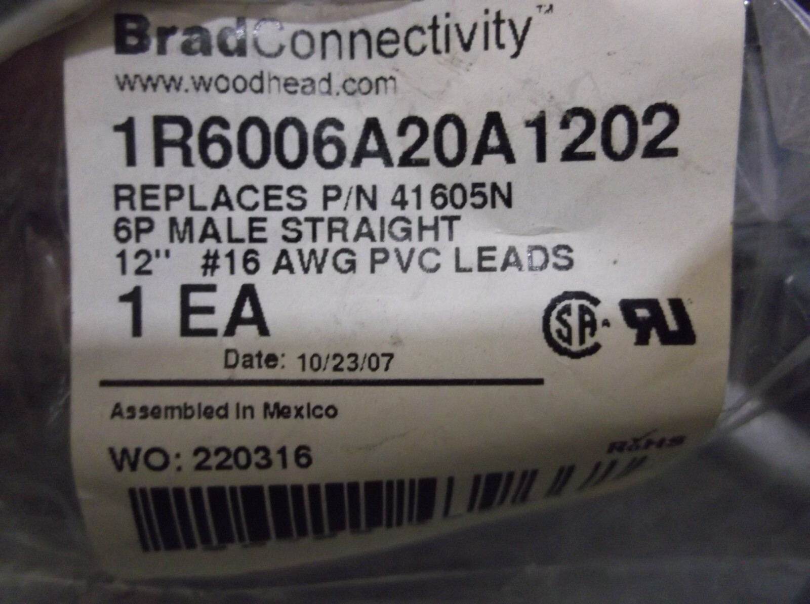 NEW IN PKG WOODHEAD 1R6006A20A1202 CABLE ASSEMBLY 12″ 6P 41605N (397-3)