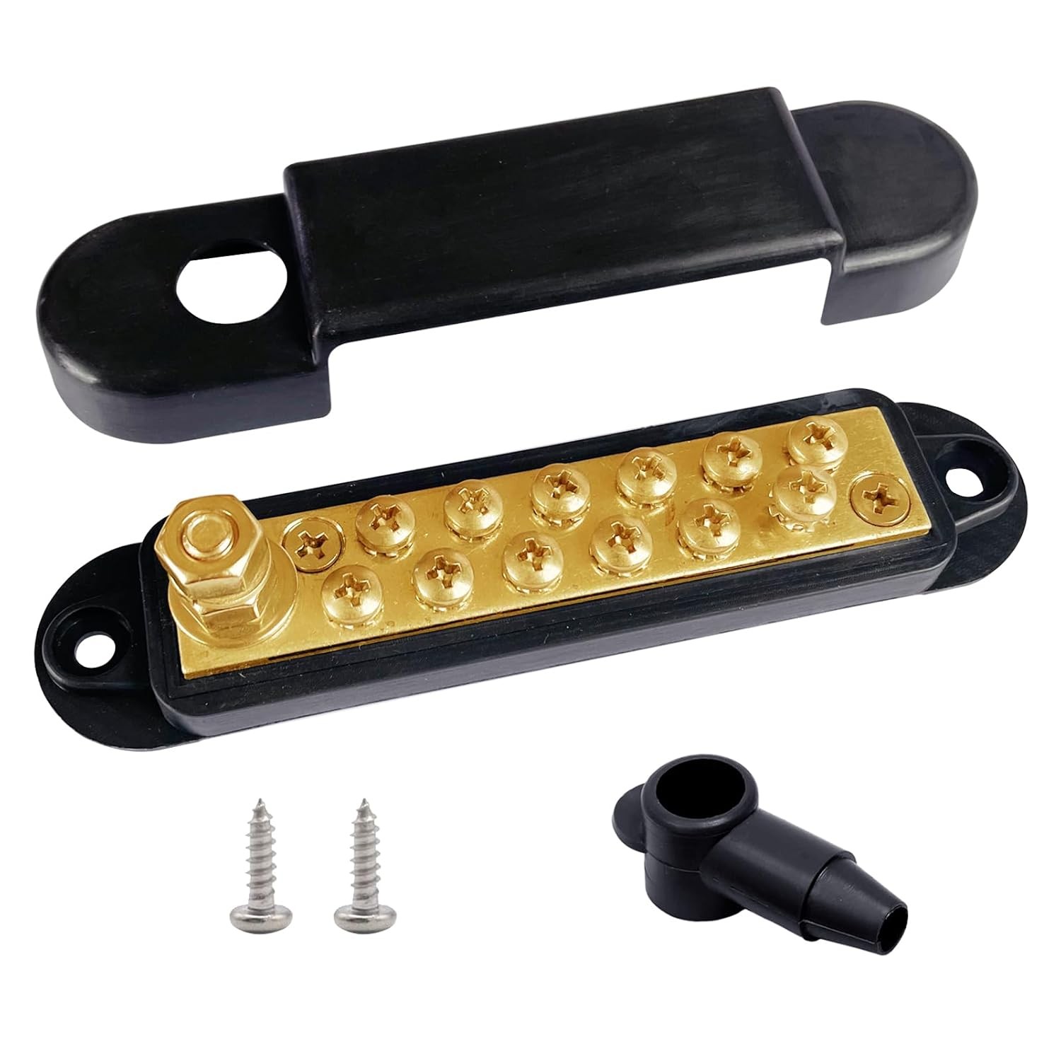 1/4″ Stud Power Distribution Block Bus Bar with 12 x #8 Screws, Brass, Black