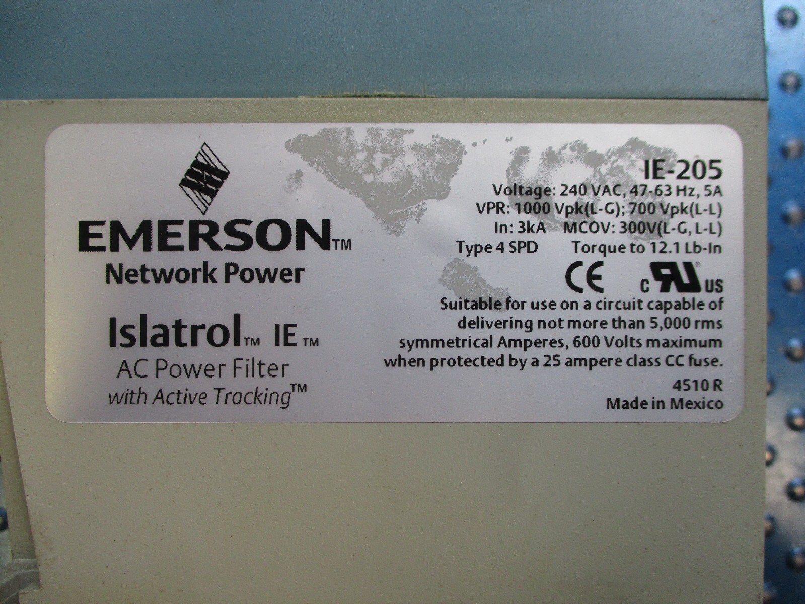 EMERSON ISLATROL AC POWER FILTER 240 VAC 5A TYPE 4 SPD IE-205