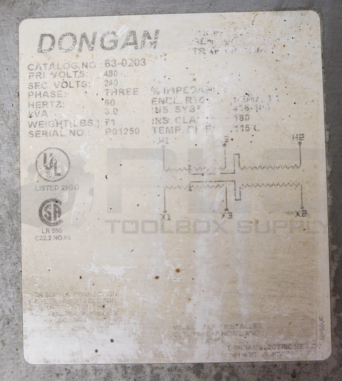 DONGAN 63-0203 3 PHASE GENERAL PURPOSE TRANSFORMER 480/240V 60Hz