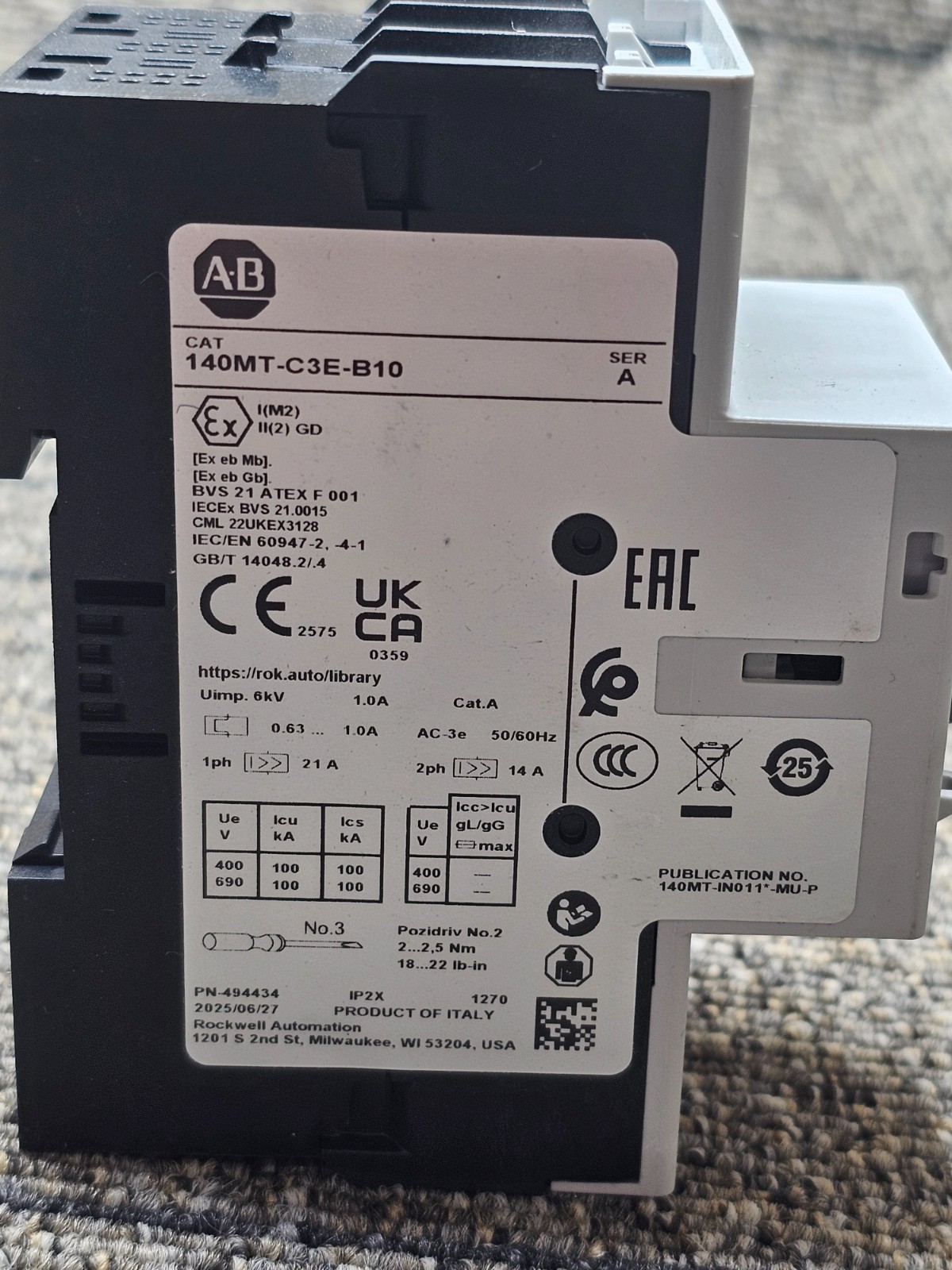 Allen Bradley 140MT-C3E-B10: Motor Protection Circuit Breaker Series A