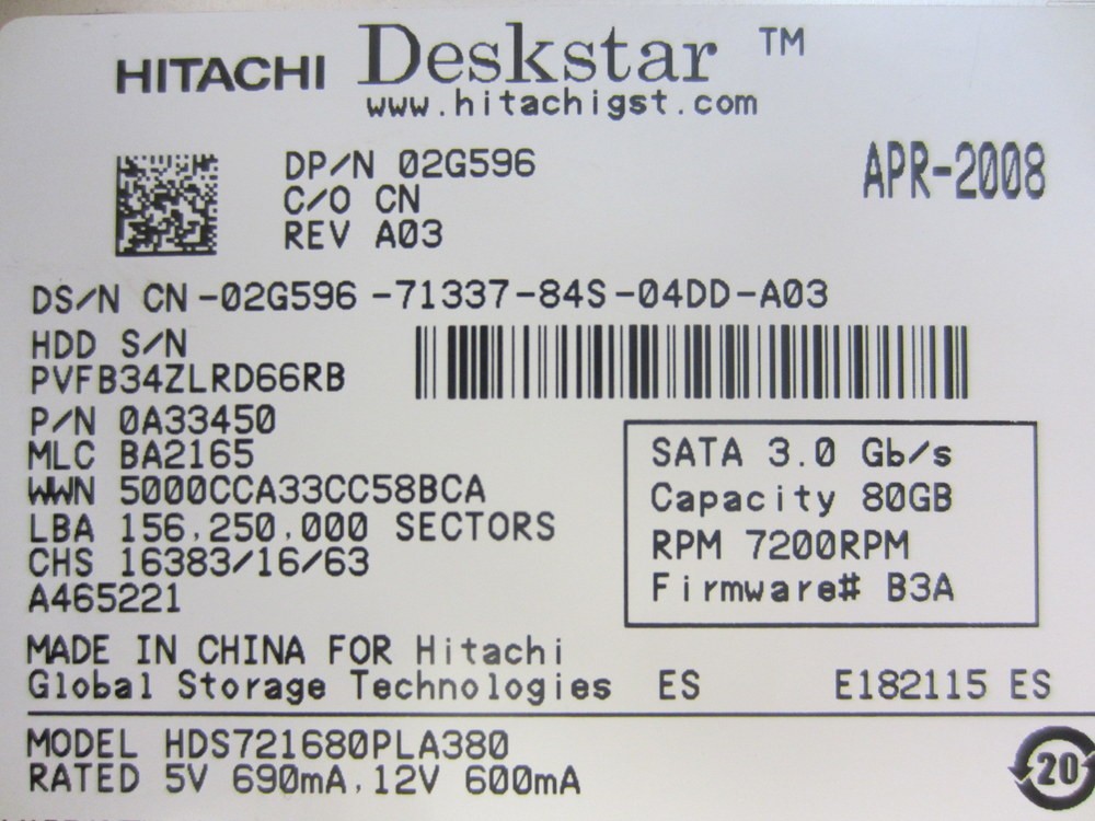 Hitachi 0A33450 Deskstar 3.5″ 80GB 7200 SATA Hard Drive
