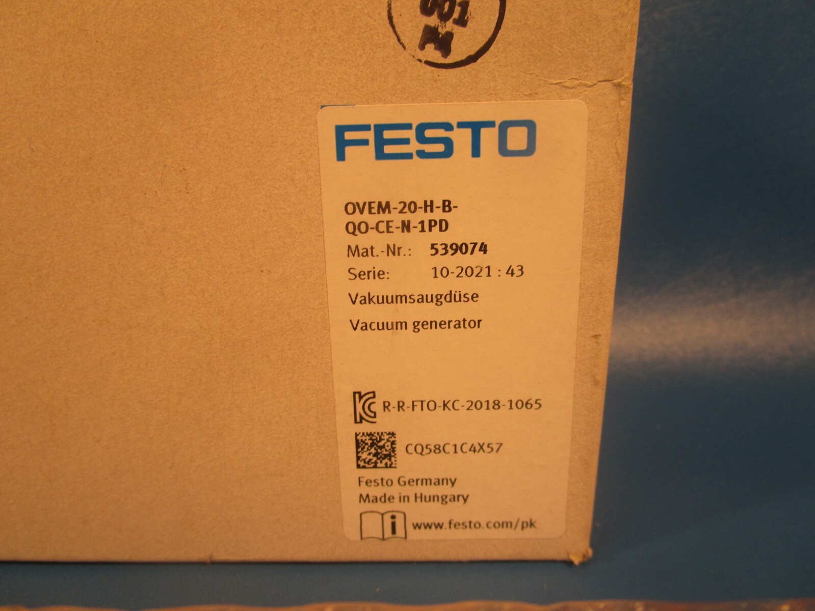 FESTO OVEM-20-H-B-QO-CE-N-1PD, 539074 Vacuum Generator, Laval Nozzle 2mm, Grid D
