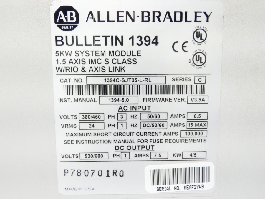 ALLEN BRADLEY 1394C-SJT05-L-RL SER. C F/W V3.9A 380/460VAC 6.5A UNMP