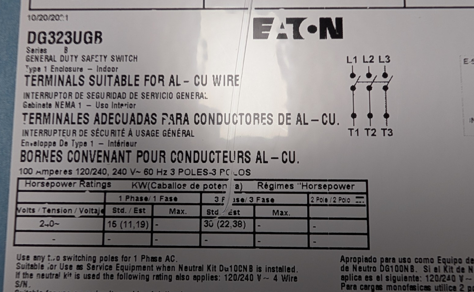 🤪 NEW EATON 100 AMP NON FUSED SAFETY SWITCH 240 VAC 3Ø 30 HP DG323UGB