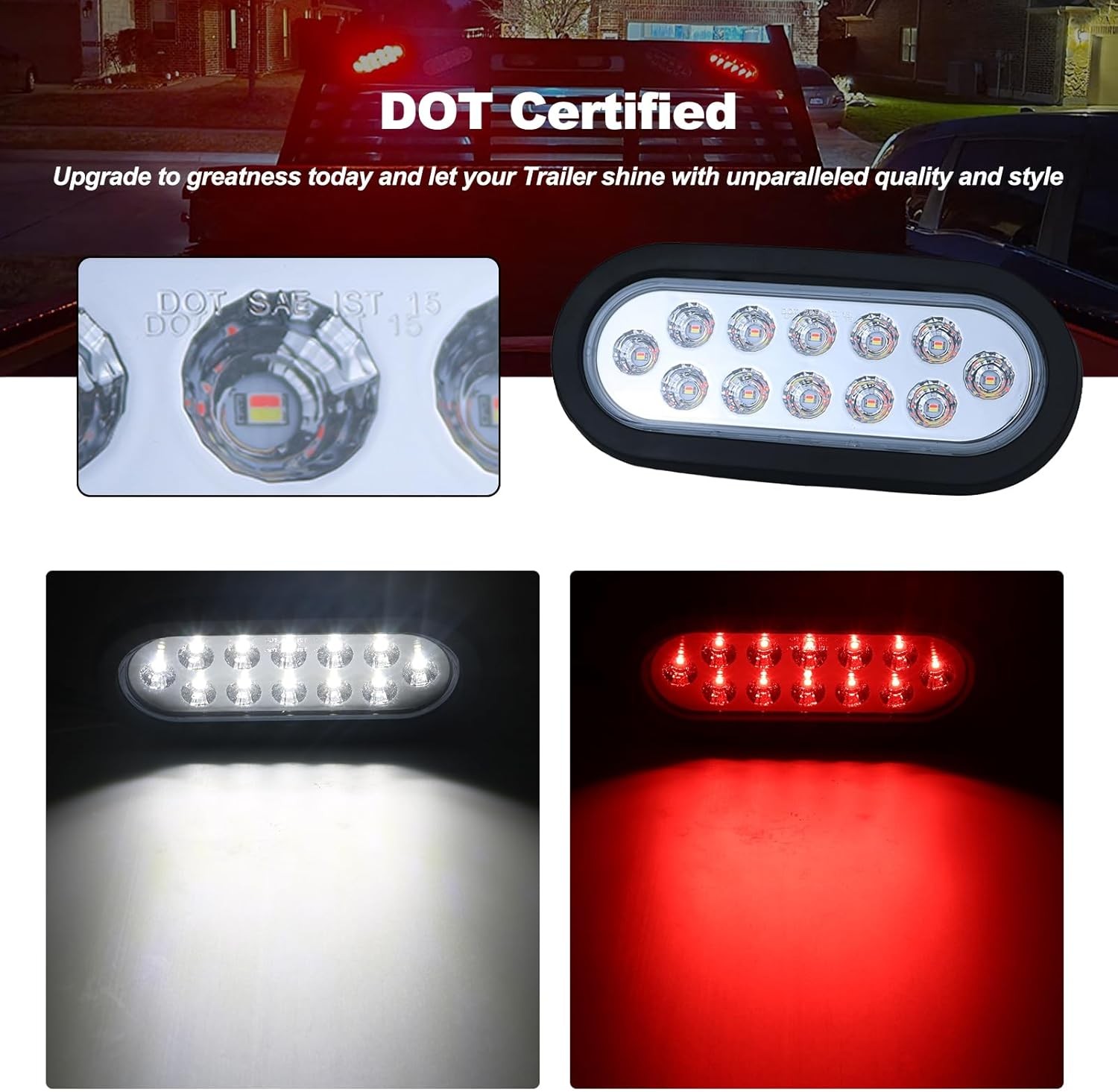 6 Inch Oval Dual Revolution LED Tail Lights Red Stop Turn Tail Lights White Back