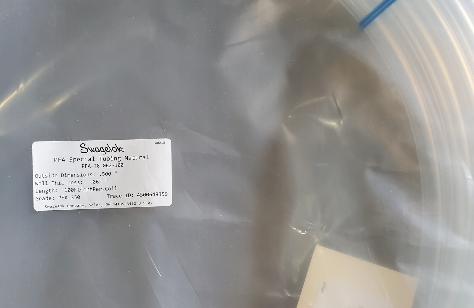 NEW PFA-T8-062-100 Swagelok PFA Tubing, 1/2 in. OD x 0.062 in. Wall x 100 Feet