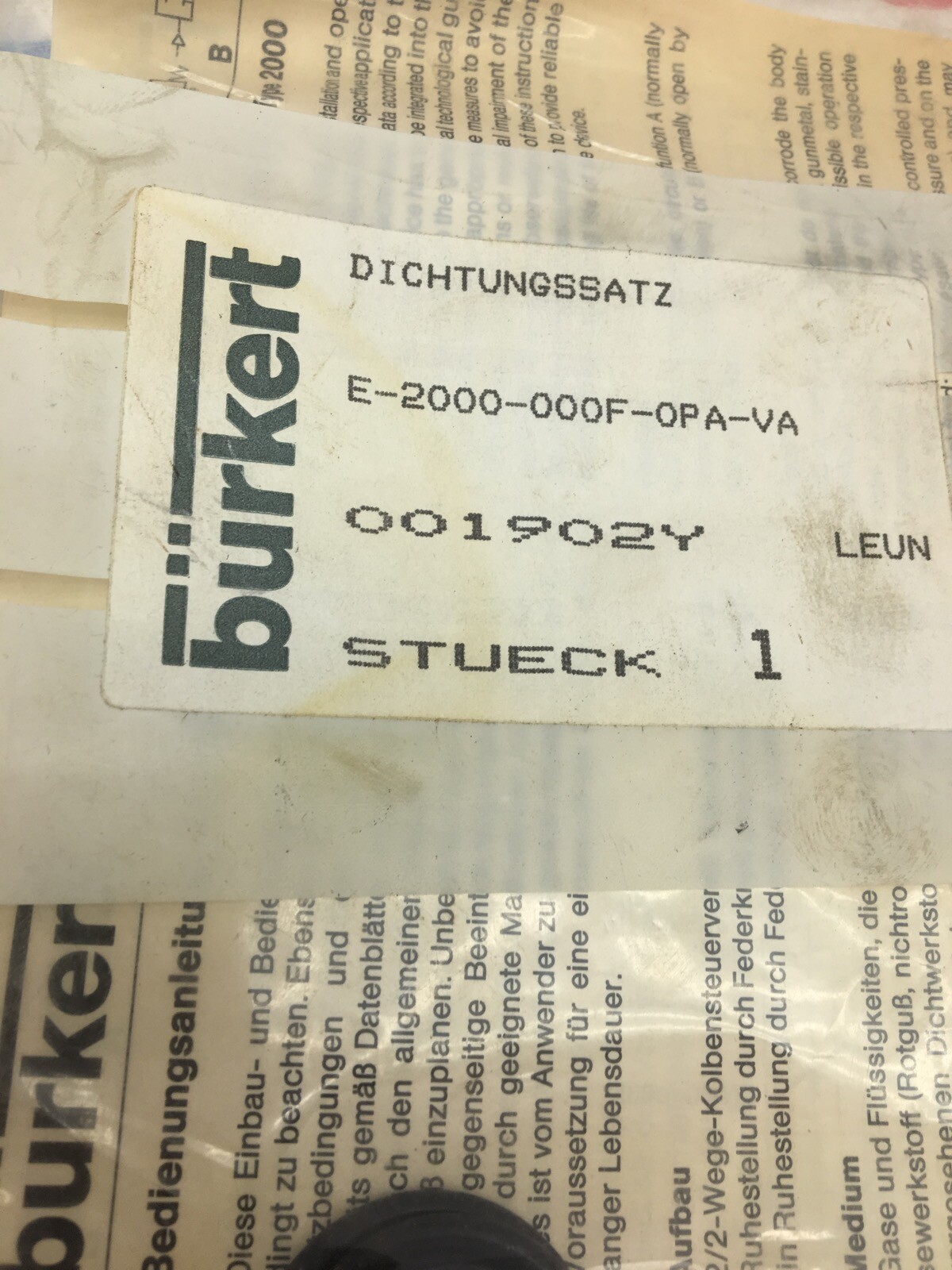 BURKERT 001902Y SEAL REPAIR KIT E-2000-000F-0PA-VA