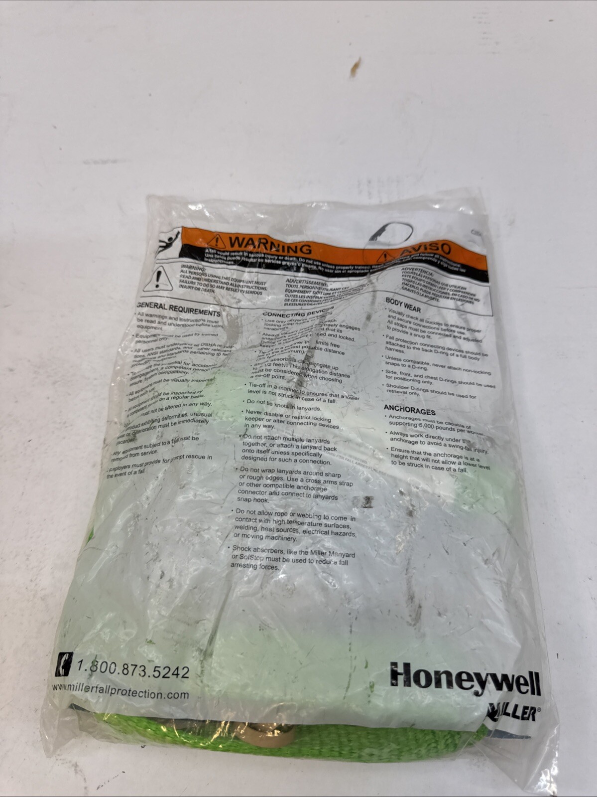 HONEYWELL MILLER 213TWLS-Z7/3FTGN Positioning Lanyard,Green,Fixed 19Z712