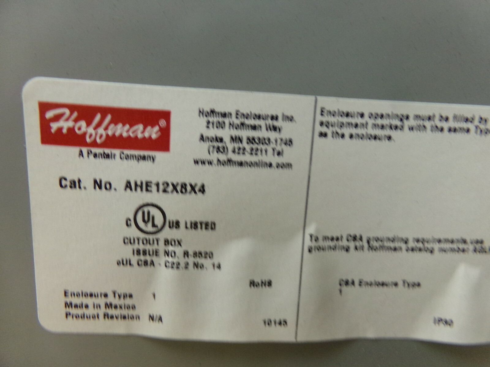 NEW Hoffman AHE12X8X4 12″ x 8″ Cutout Box wi/ Bround Screw R-8520