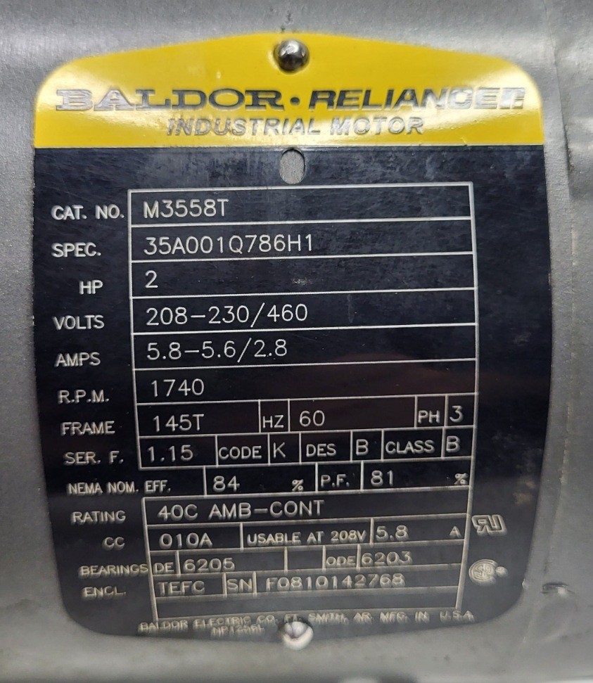 BALDOR M3558T MOTOR 2HP 3PH 1740RPM FR: 145T Spec: 35A001Q786H1
