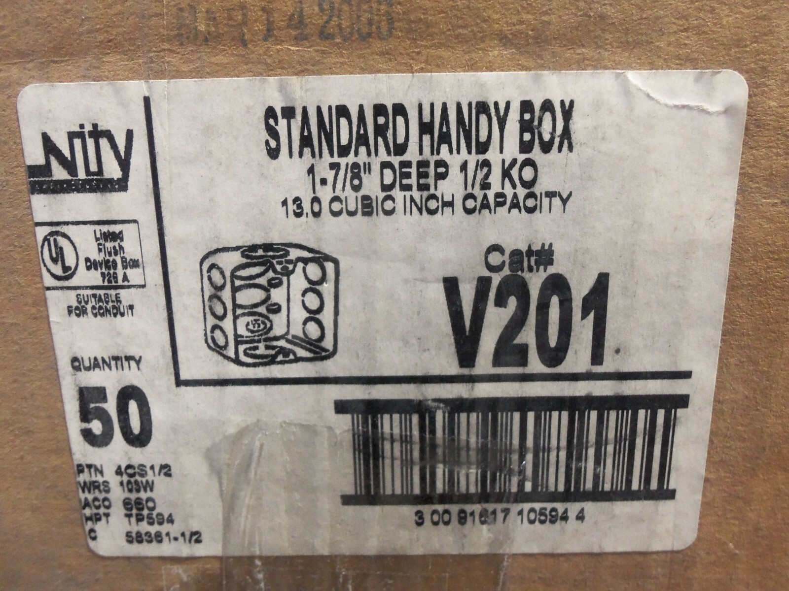 NEW LOT OF 50 UNITY V201 STANDARD HANDY BOX 1-7/8” DEEP 1/2″ KO 13.0 CUBIC INCH