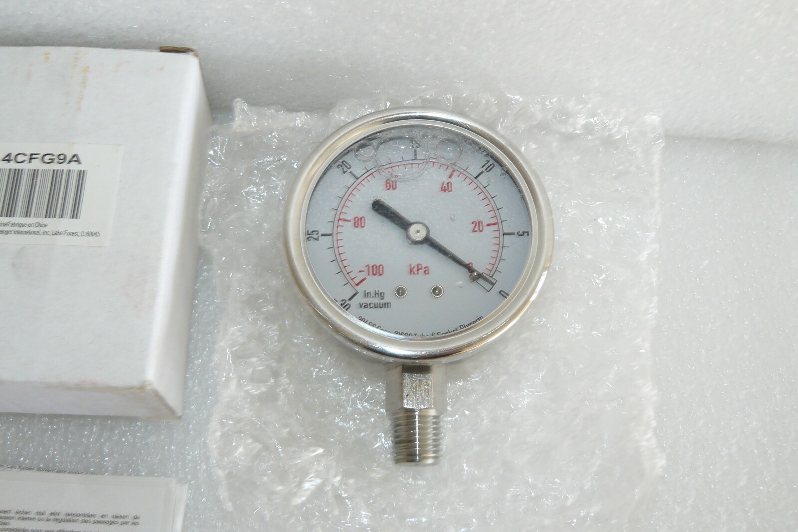 Grainger 4CFG9A Vacuum Gauge -30-0 In Hg Glycerin Filled 1/4″ NPT Stainless