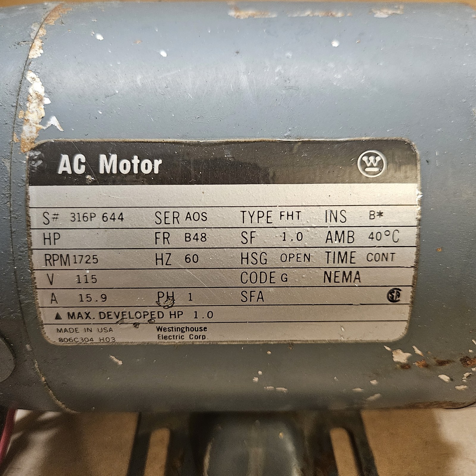 VTG WESTINGHOUSE Electric Motor 806C304 1725 RPM 115 Volt 316P644 Working