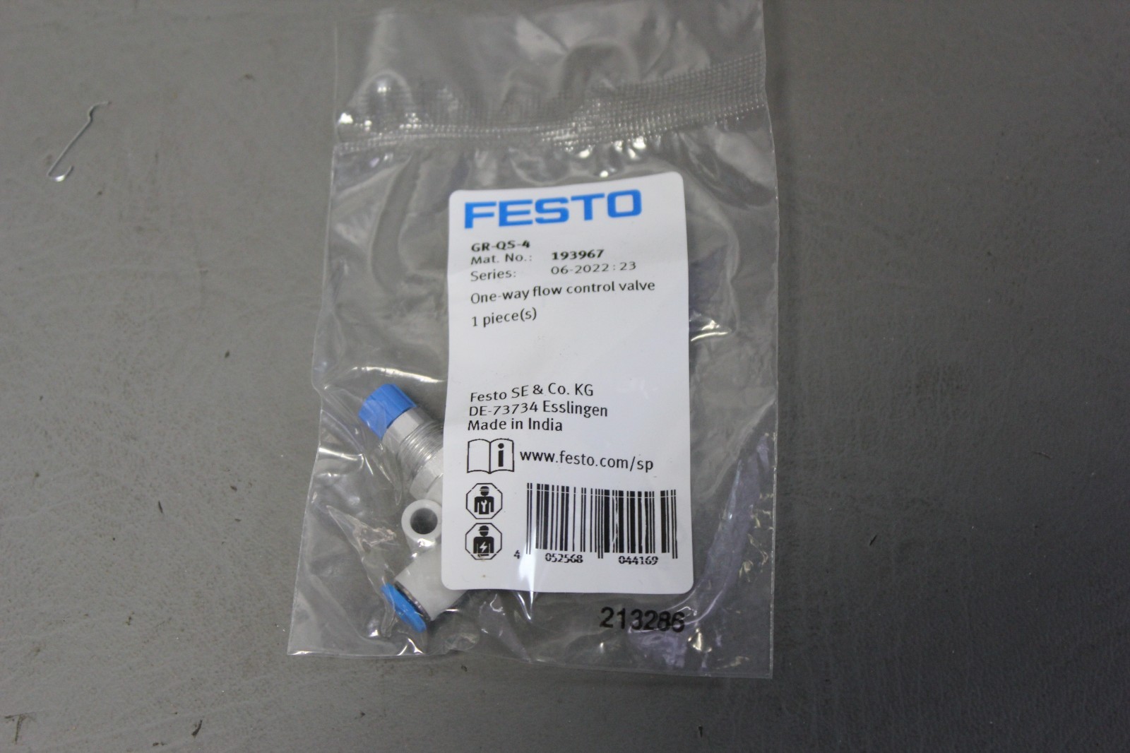 FESTO GR-QS-4 ONE WAY FLOW CONTROL VALVE NEW