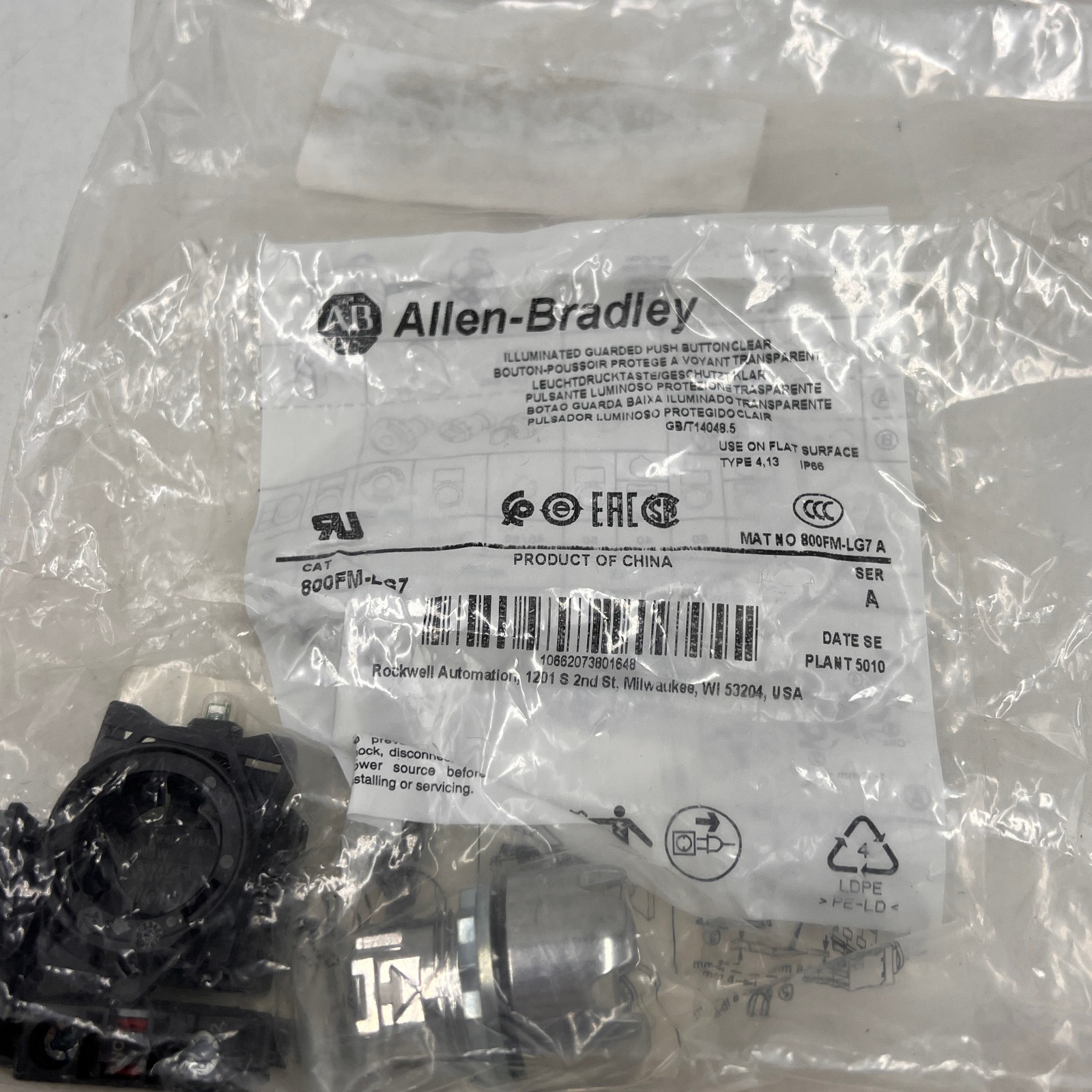 LOT 15 Allen-Bradley 800FM-LG7 Clear Illuminated Metal Guard Pushbutton Operator