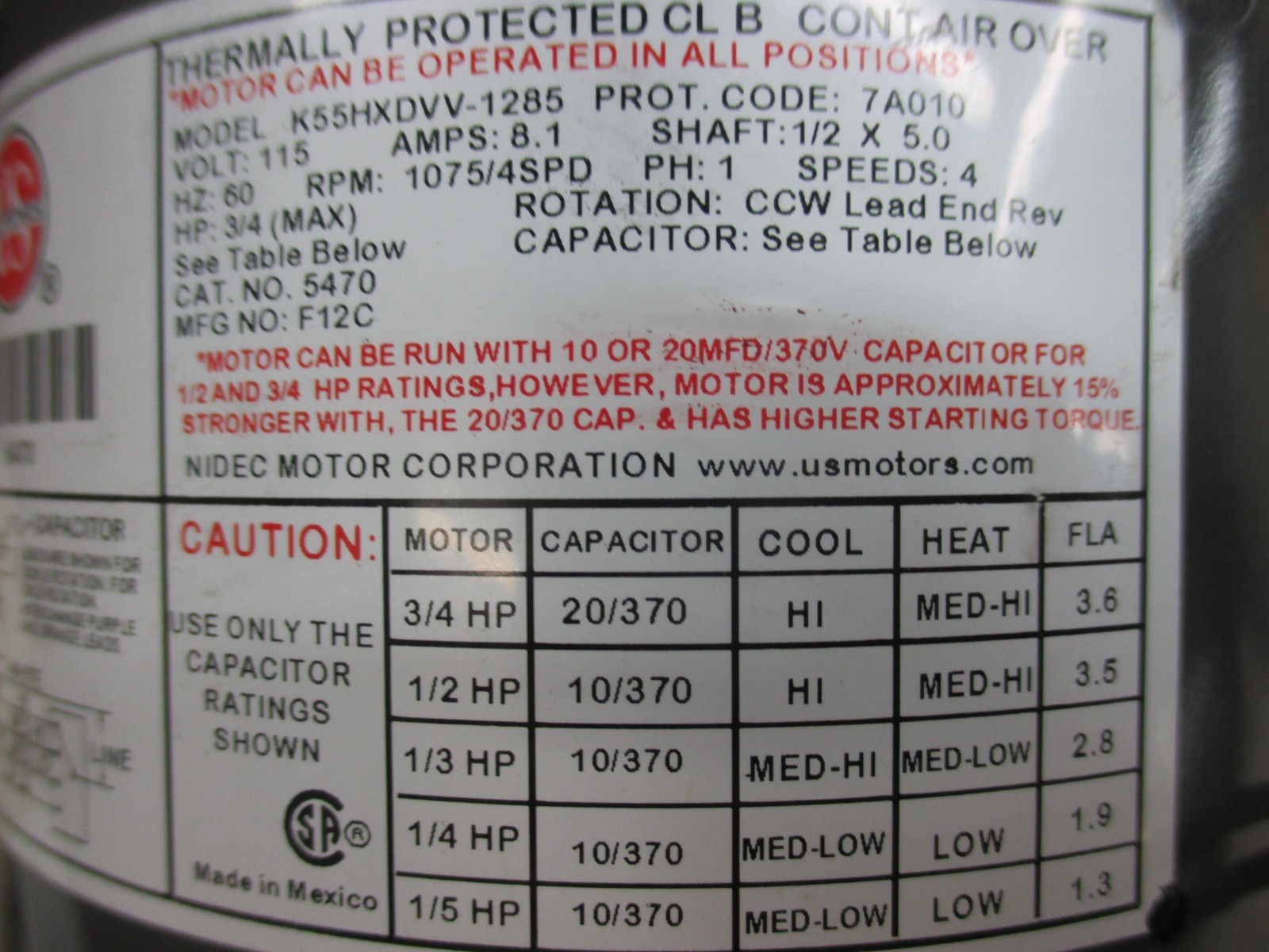 K55HXDVV-1285 US MOTOR ELECTRIC MOTOR 3/4HP