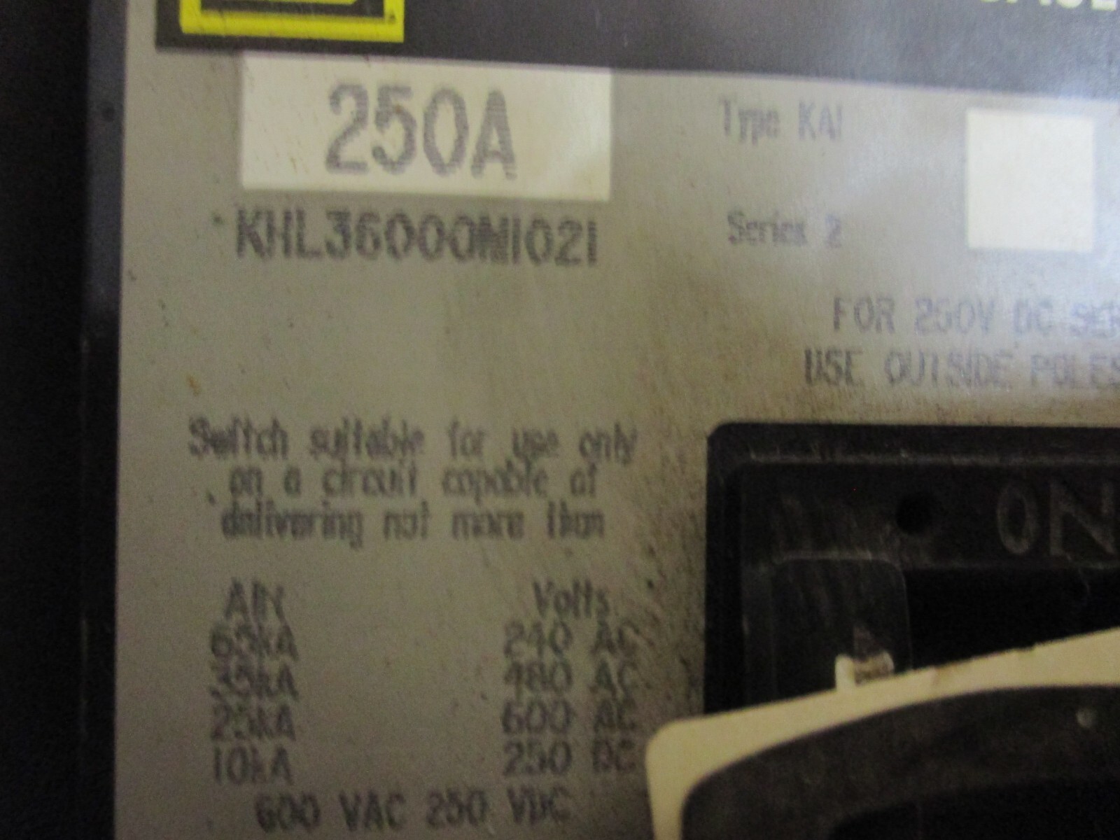 SQUARE D 250 AMP BREAKER KHL3600M1021 USED