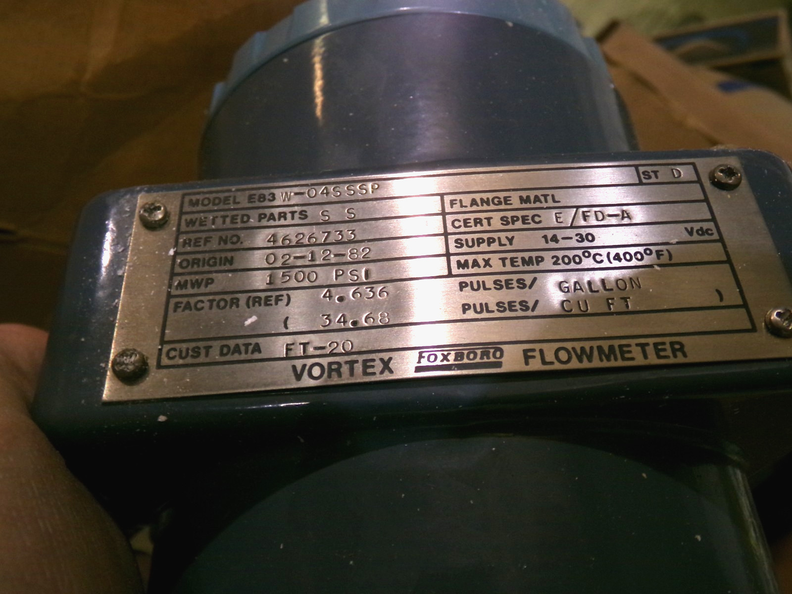 FOXBORO VORTEX FLOWMETER E83 W-04SSSP 1500 PSI 3 3/4″ (W7)