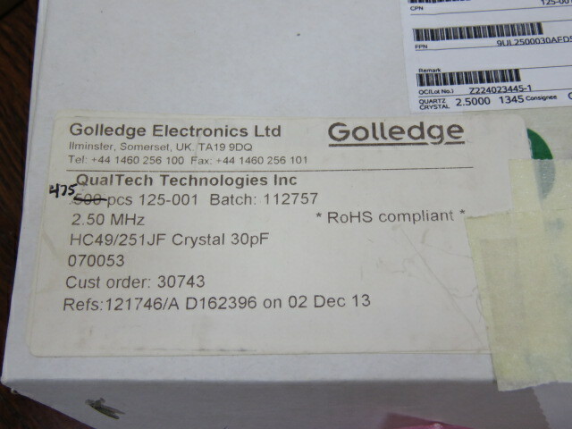 Golledge Electronics 125-001 Qty of 50 per Lot 2.5mhz Quartz Crystal; HC49/251J