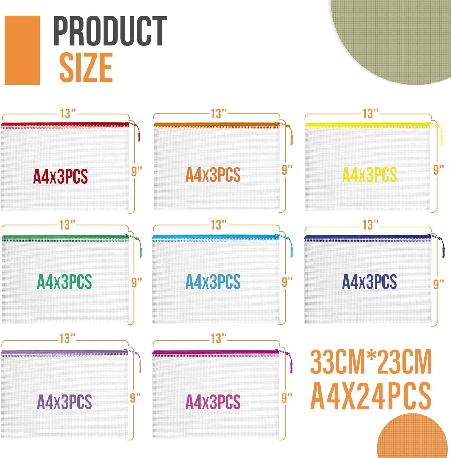24pcs Mesh Zipper Pouch Bags Puzzle Storage Bags, A4 13×9 Inches A4, 8 Colors