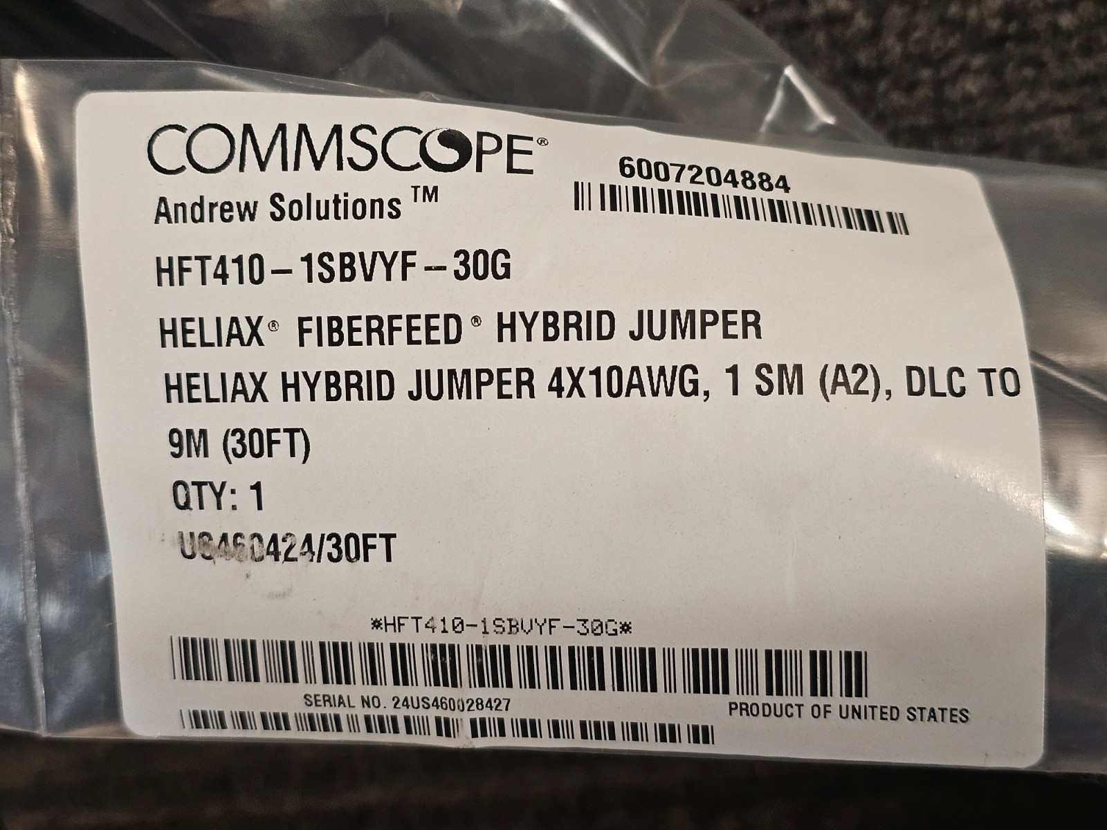 CommScope HFT410-1SBVYF-30G Heliax Fiberfeed Hybrid Jumper 30′ 4x10AWG, Black