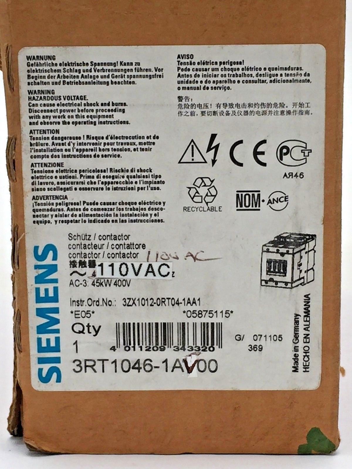 Siemens Sirius 3RT1046-1AV00 Contactor 110V 3P 3 Pole AC-3 400V 45kW 95A 95 Amp