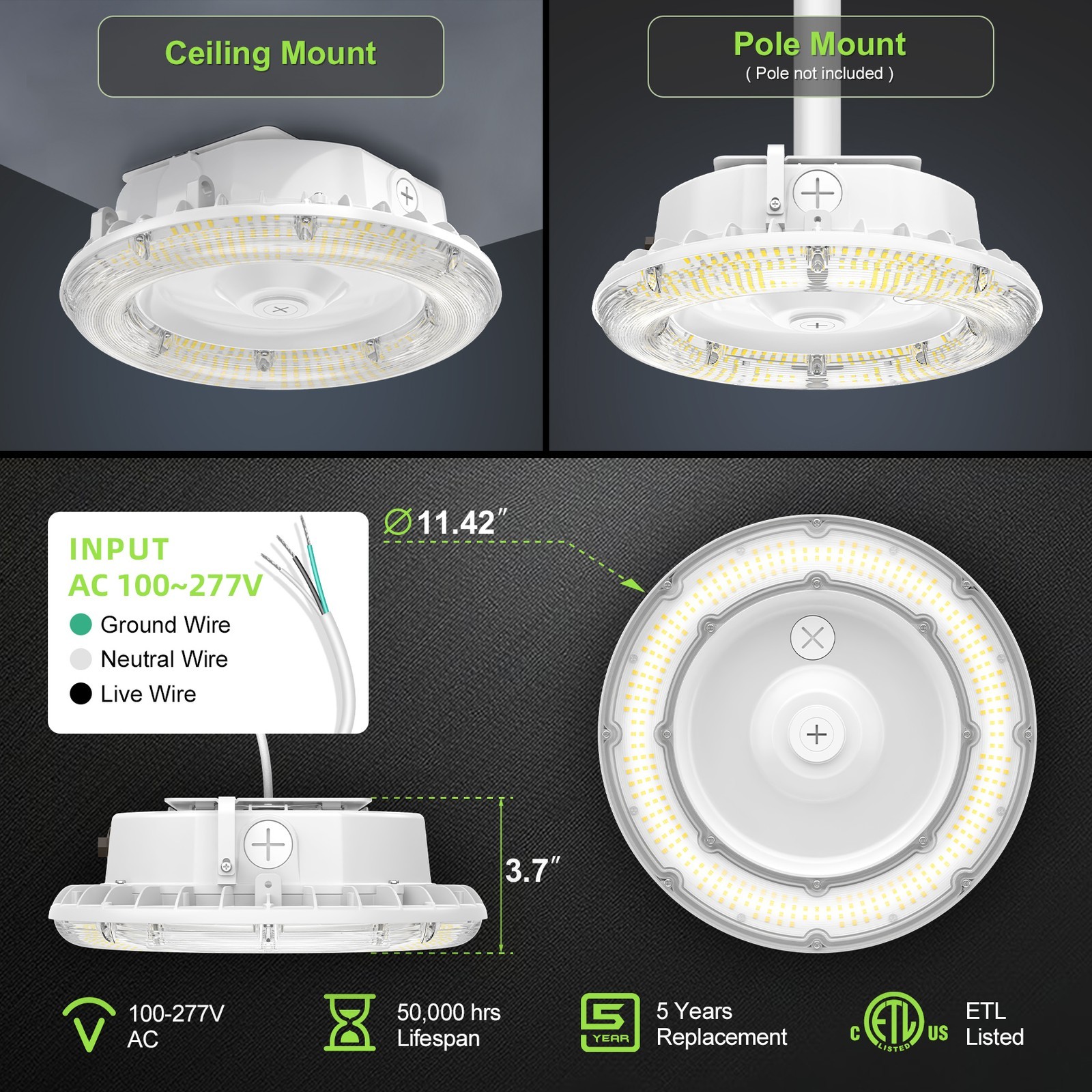 100W LED Canopy Light Commercial Gas Station Light IP65 13,500LM 4500/5000/5700K