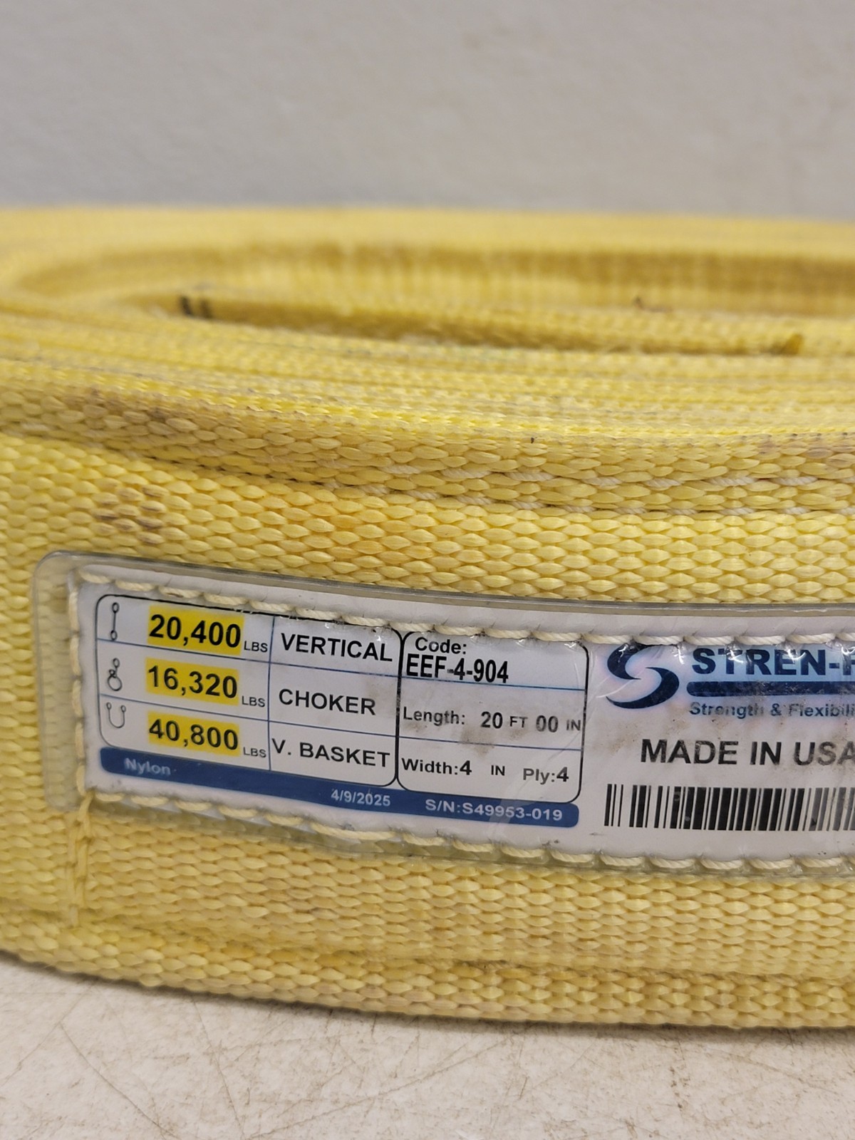 Stren-Flex Eef-4-904-20 Synthetic Web Sling, Type 3, 20 Ft L, 4 In W, Nylon,