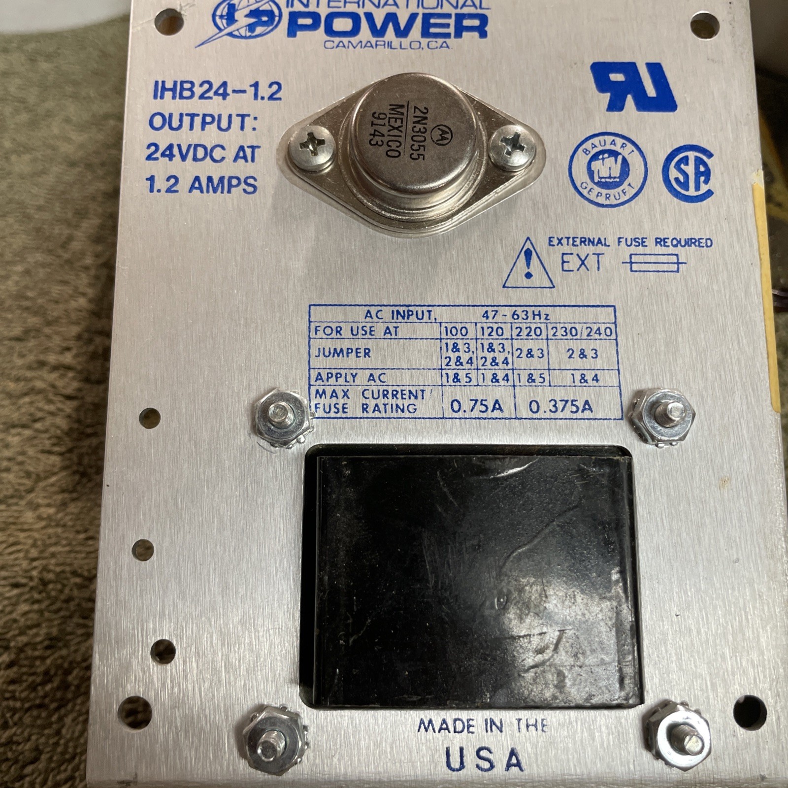 INTERNATIONAL POWER IHB24-1.2 POWER SUPPLY 24VDC 1.2A 47-63HZ