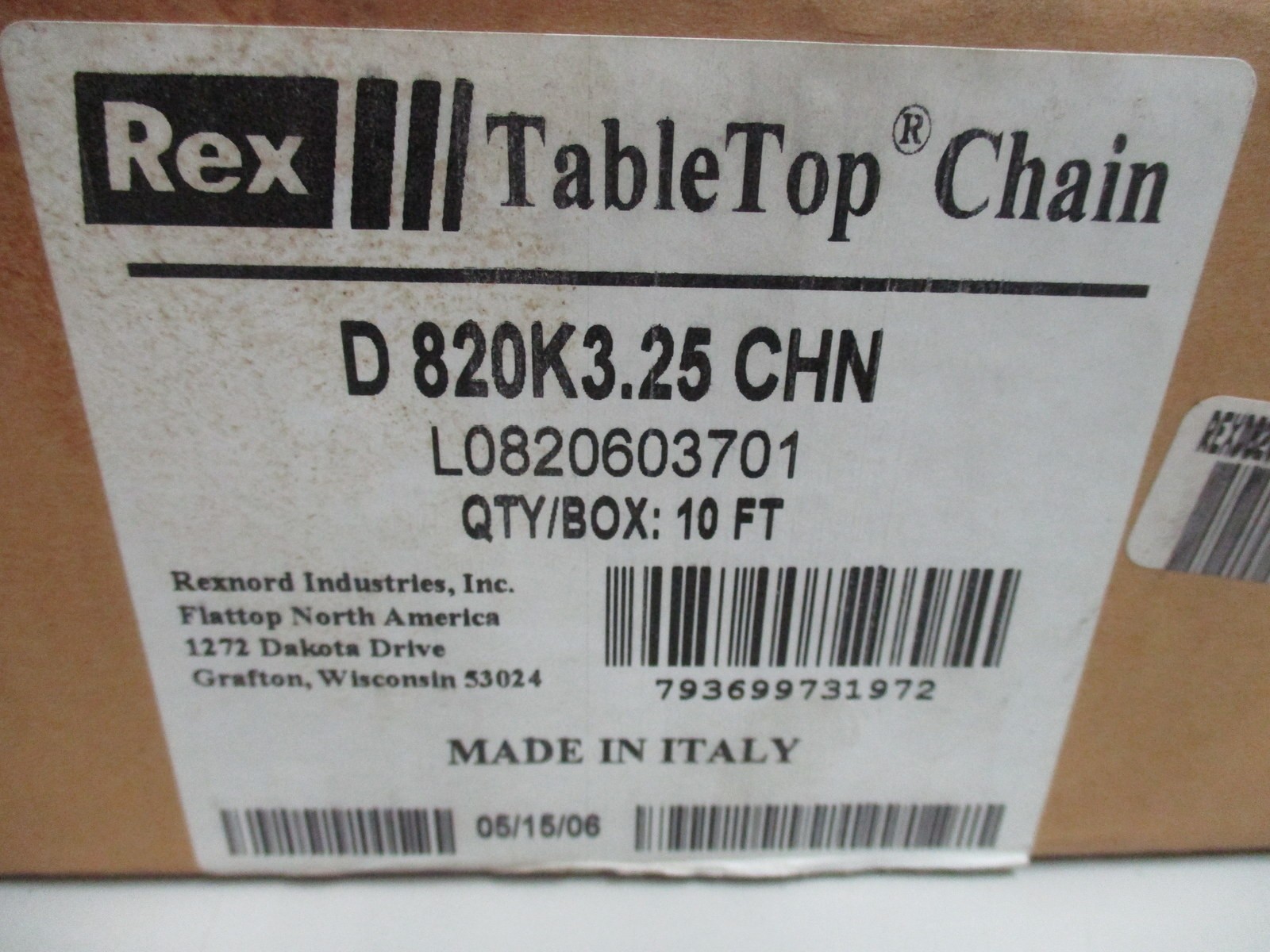 Rexnord D820K3.25 TableTop Chain L0820603701 10′ Length