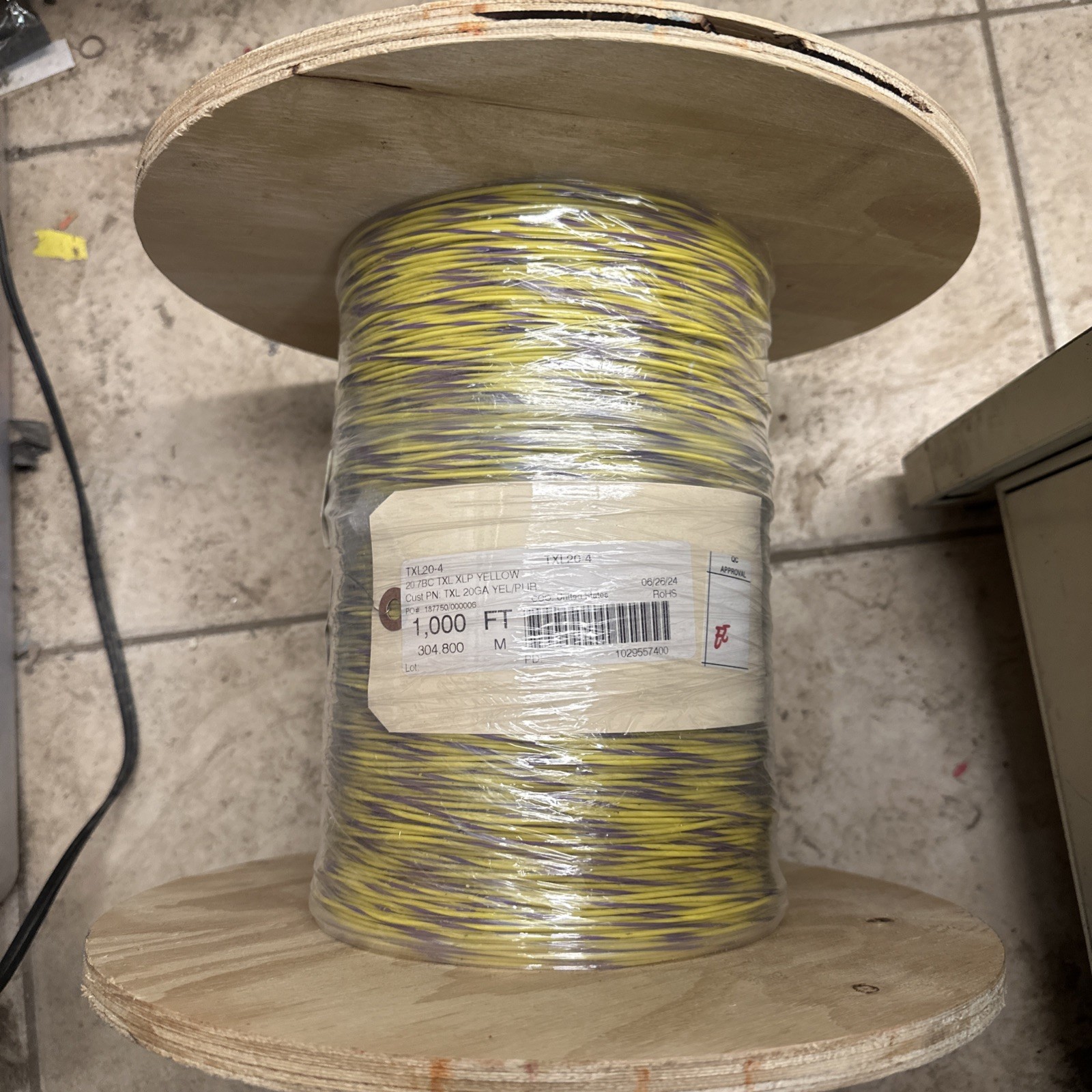 Spool of 20 7BC TXL XLP Yellow with purple stripe copper. wire/cable