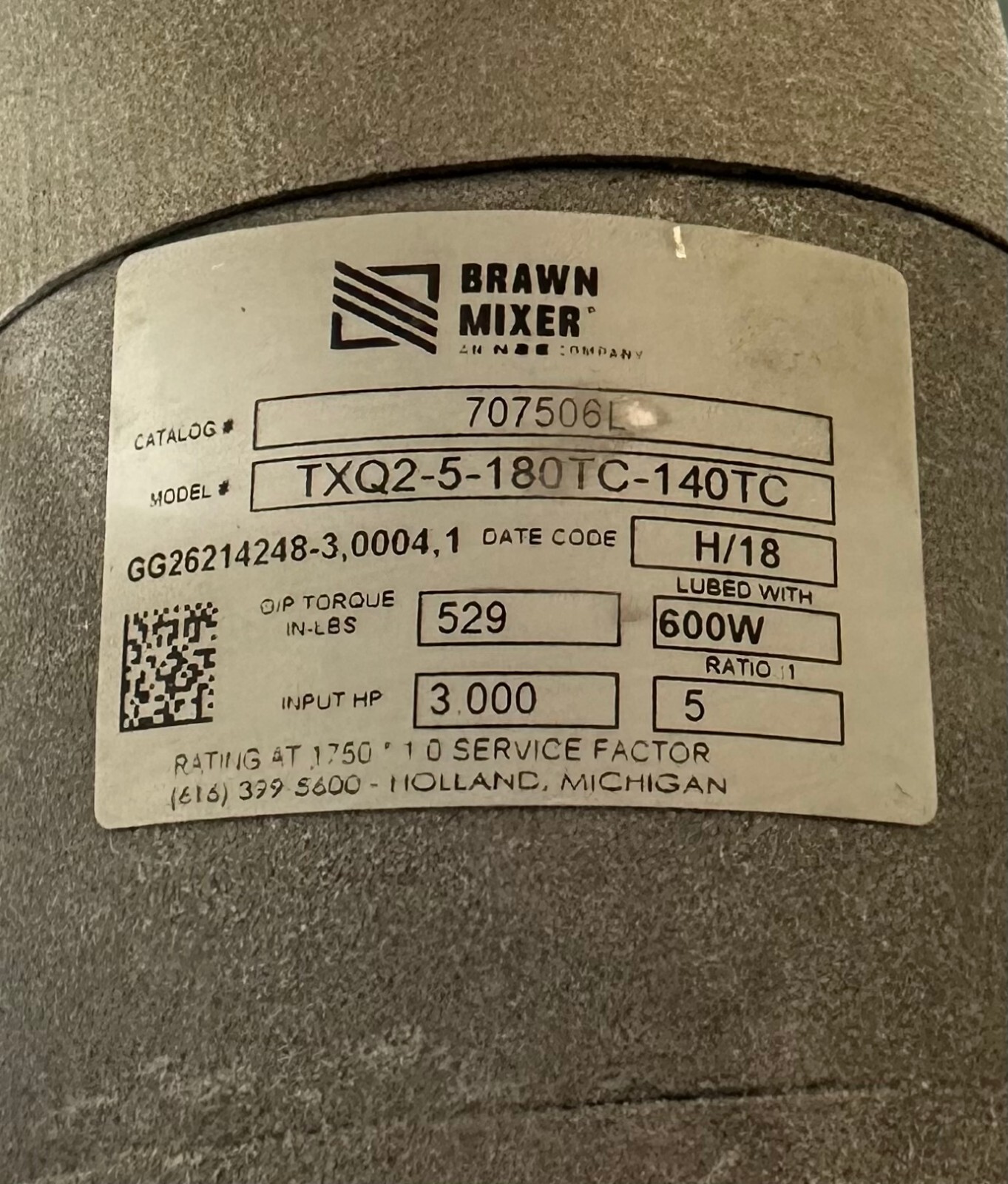 BRAWN MIXER BGMF500 PROCESS MIXER TXQ2-5-180TC-140TC 3HP 707506L 600W 5:1 RATIO